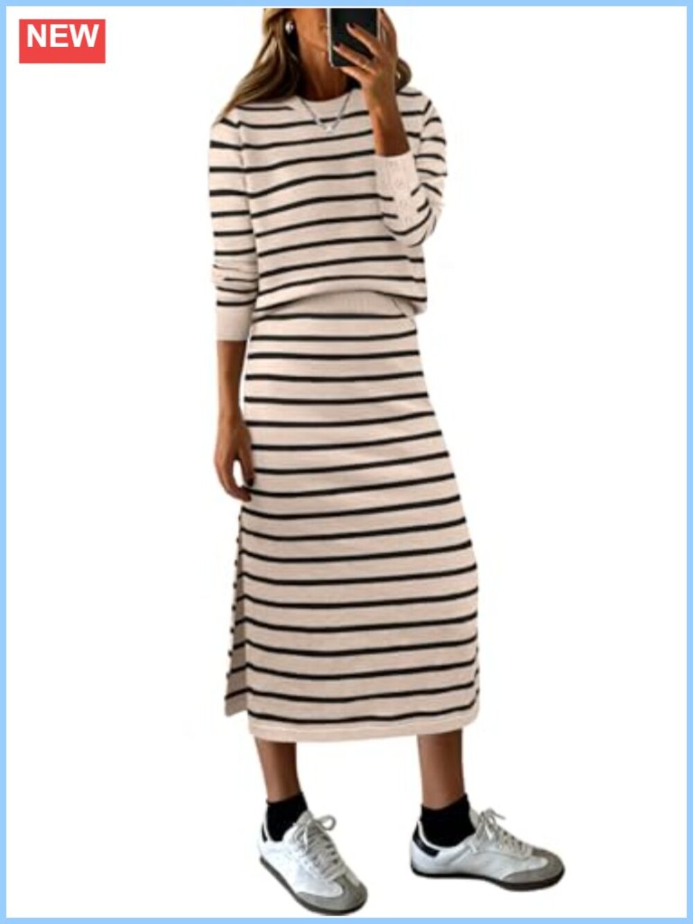 2 Piece Striped Knit Sweater Midi Skirt Set Long Sleeve Crew Neck